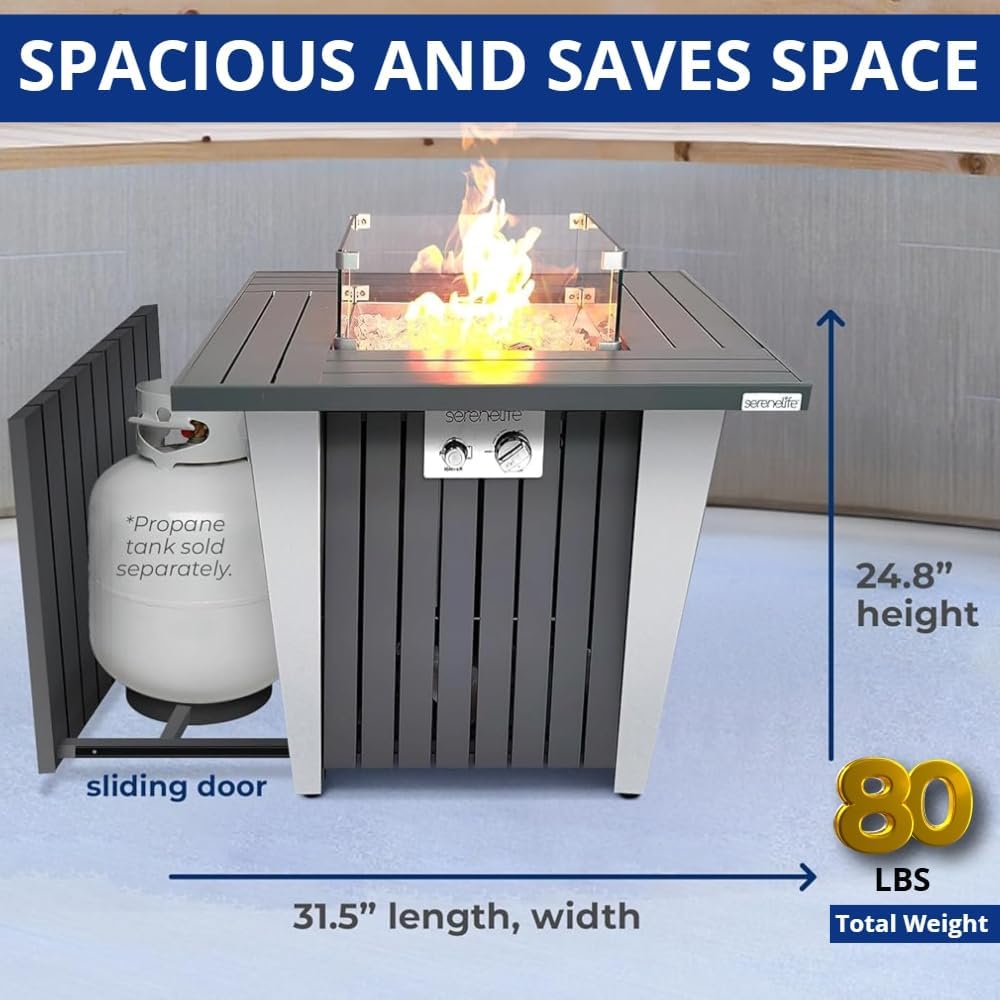 Propane Fire Pit Table with Sturdy Metal, Gas Pits with 50,000 BTU and Stainless Steel Fire Pan, Includes Decorative