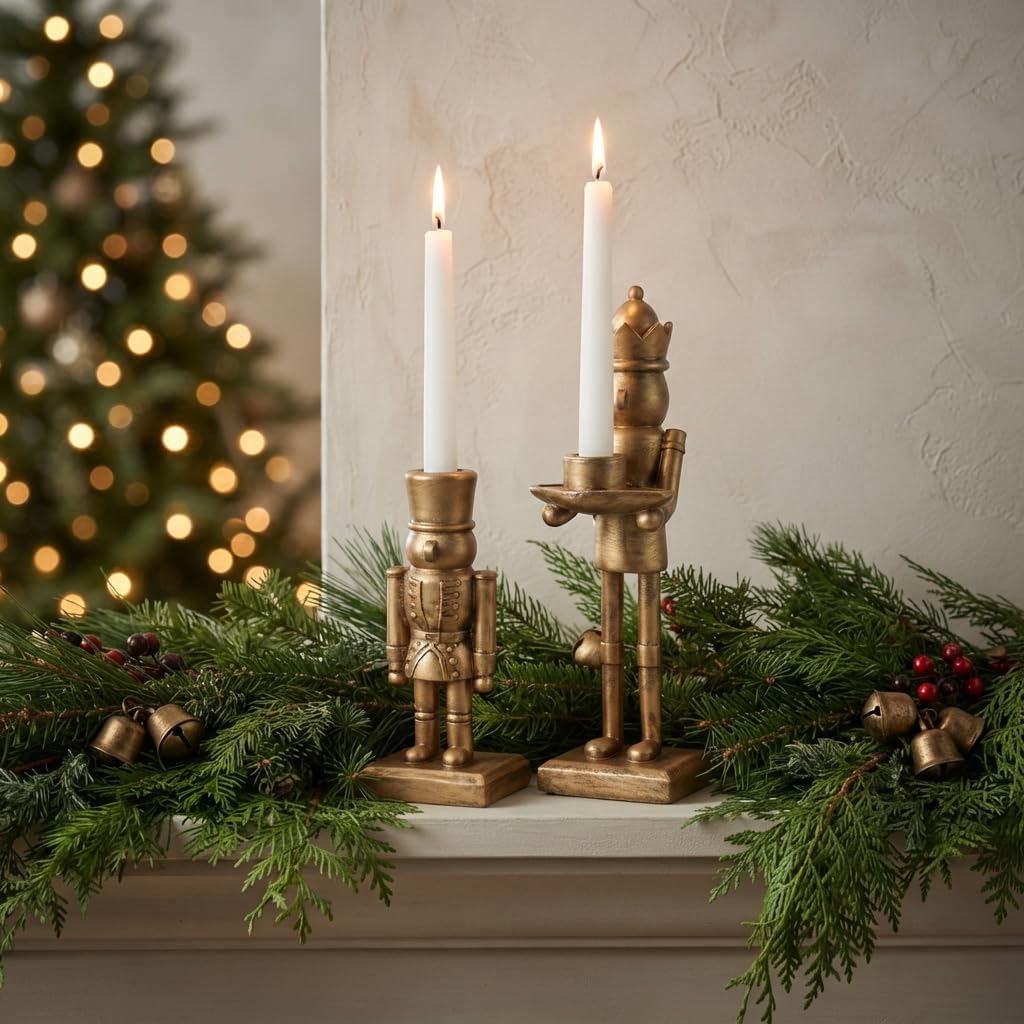 Nutcracker Taper Candle Holders, Gold Resin, Set of 2