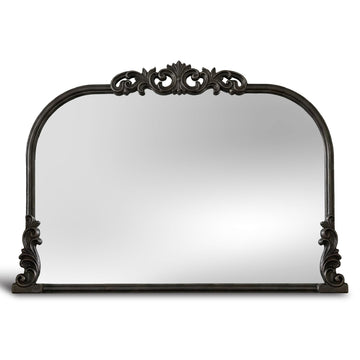 English Estate Carved Arch Wood Wall Mirror, Mirror, Distressed Black, 30.6x41