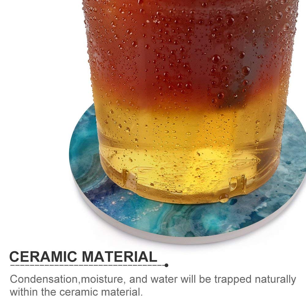 Blue Watercolor Agate Geode Print Absorbent Coaster for Drinks Ceramic with Cork Back Fit Big Cup, 4 Sets