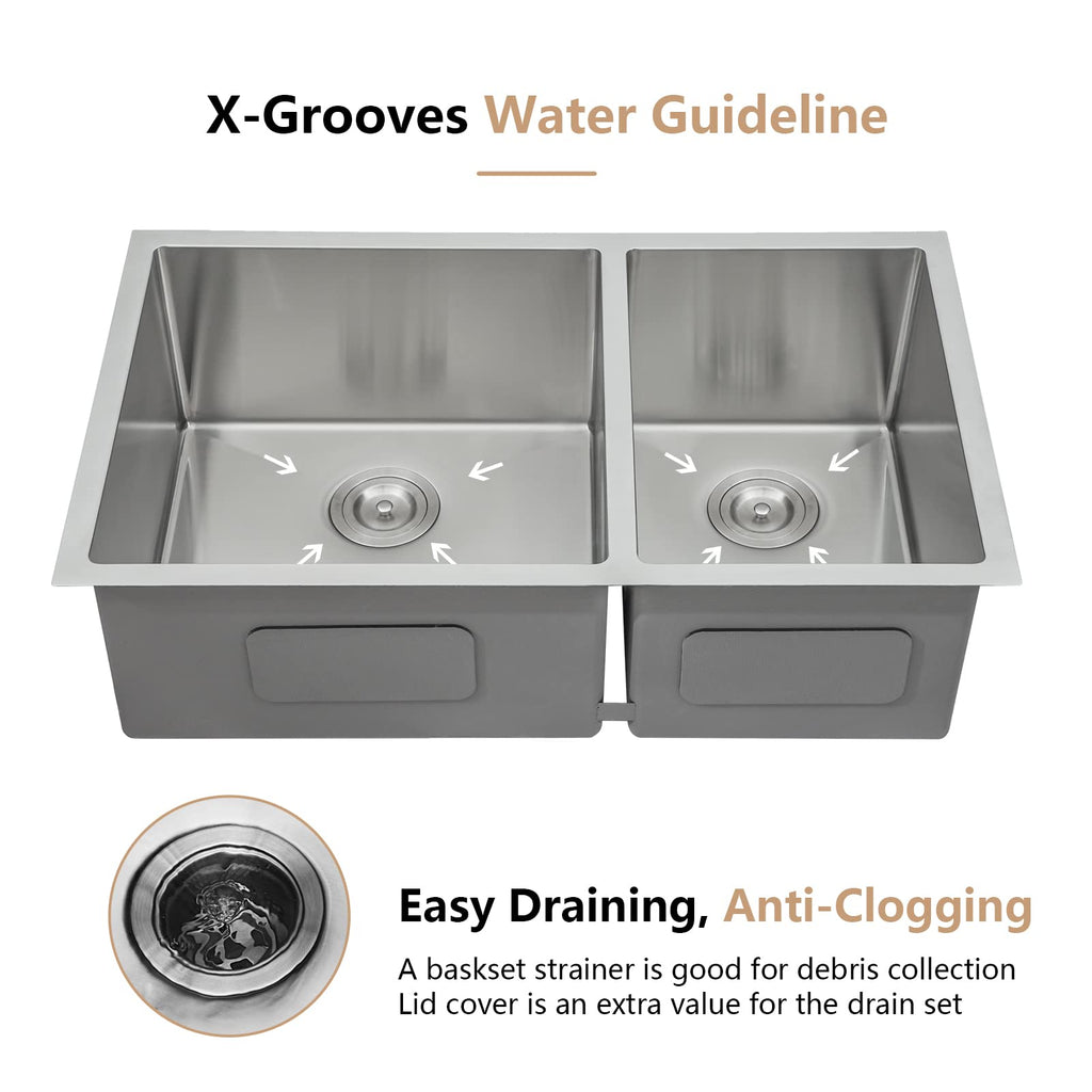 33 Inch Undermount Double Bowl Kitchen Sink 60/40 Split 16 Gauge 304 Stainless Steel Large Double Sinks, 33"x19"x10