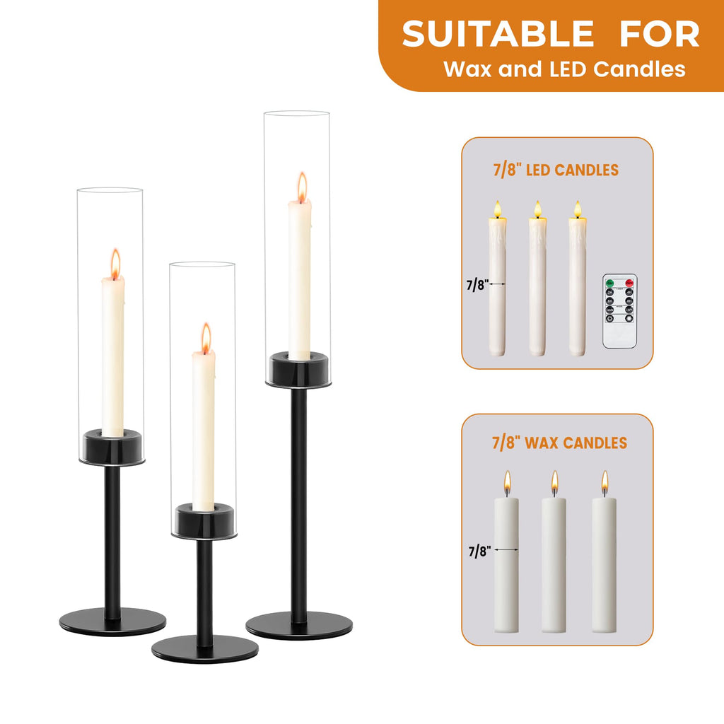 Black Taper Candle Holder Set with Glass Hurricane - Modern Candlestick Holders, Premium Gift Set for Wedding, Fall