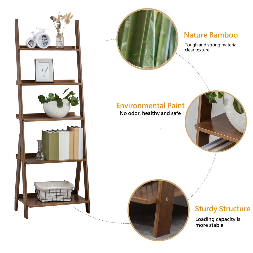 Ladder Shelf Bookshelf, 5-Tier Leaning Shelf, Free Standing Organizer Storage Shelves, Storage Rack Shelf, Brown