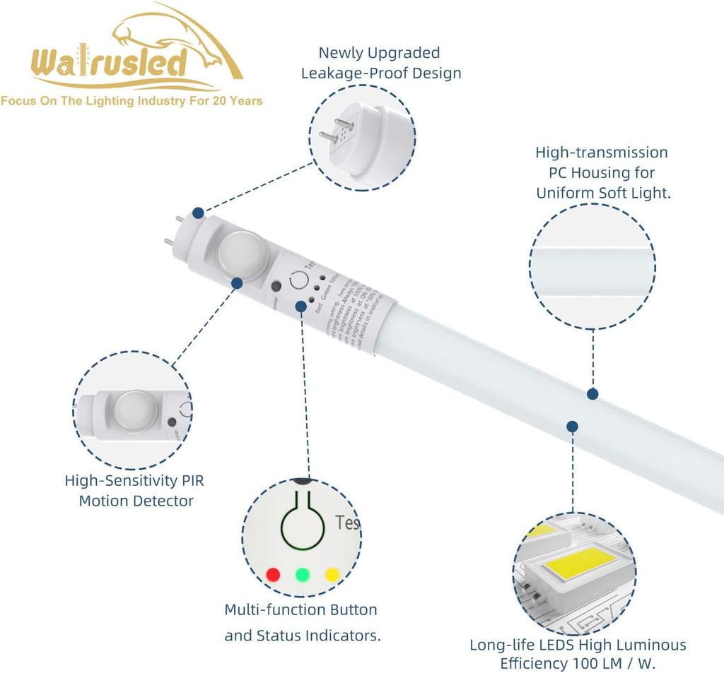 T8 LED Tube Light 2FT with Photocell and PIR Motion Sensor, Remote, Dimmable, IP4X, G13, 120V, CCT, 10W, 1000 LM, LED