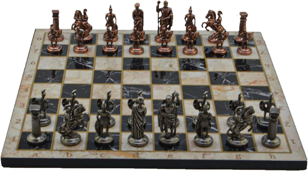 Metal Chess Set for Adults Medium Roman Antique Copper Figures,Handmade Pieces and Different Design Wooden Chess