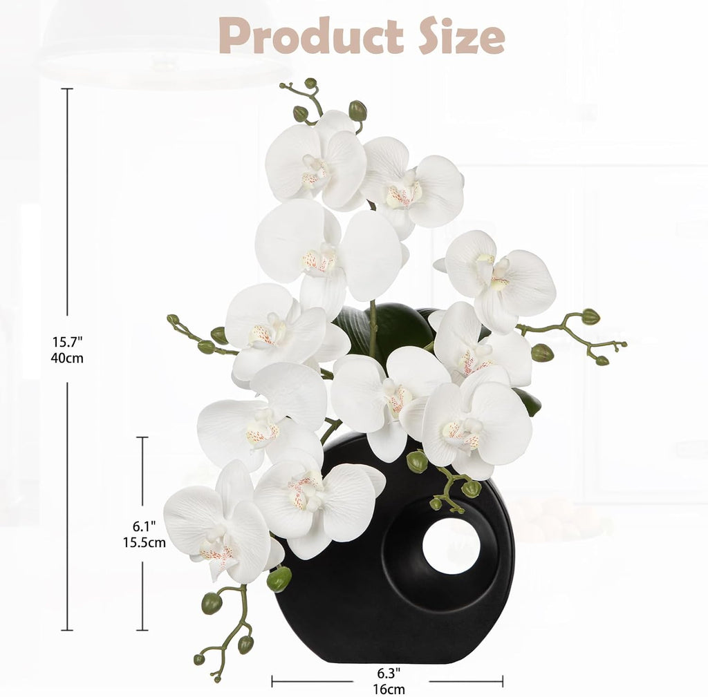 Artificial Orchid Flowers in Black Modern Ceramic Vase 15.7" Tall White Faux Orchid Arrangement Silk Orchid Flower