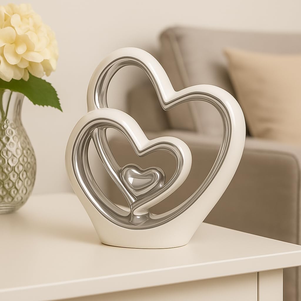 Silver Heart Ornament - Elegant Ceramic Couple Sculpture - White & Silver Tabletop Decor - Romantic Centerpiece or
