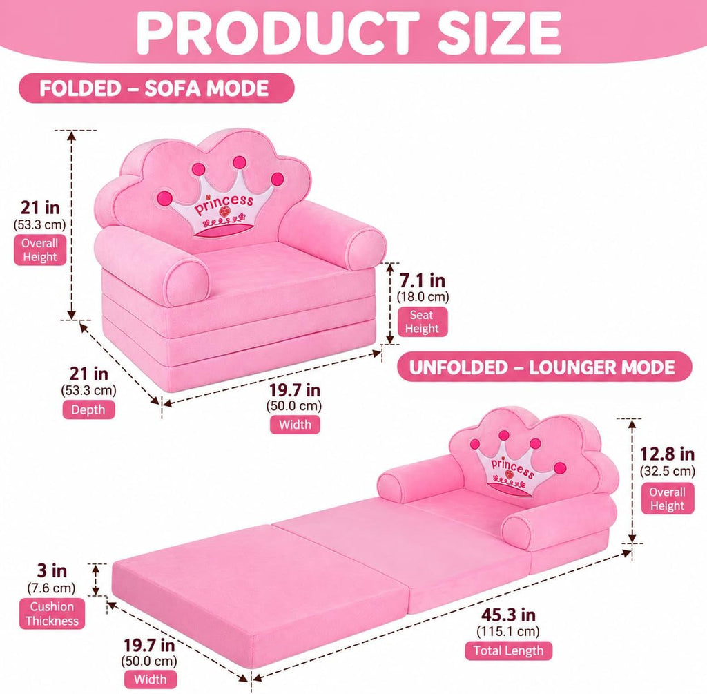Kids Couch Fold Out, Foldable Princess Chair for Toddlers, Pink