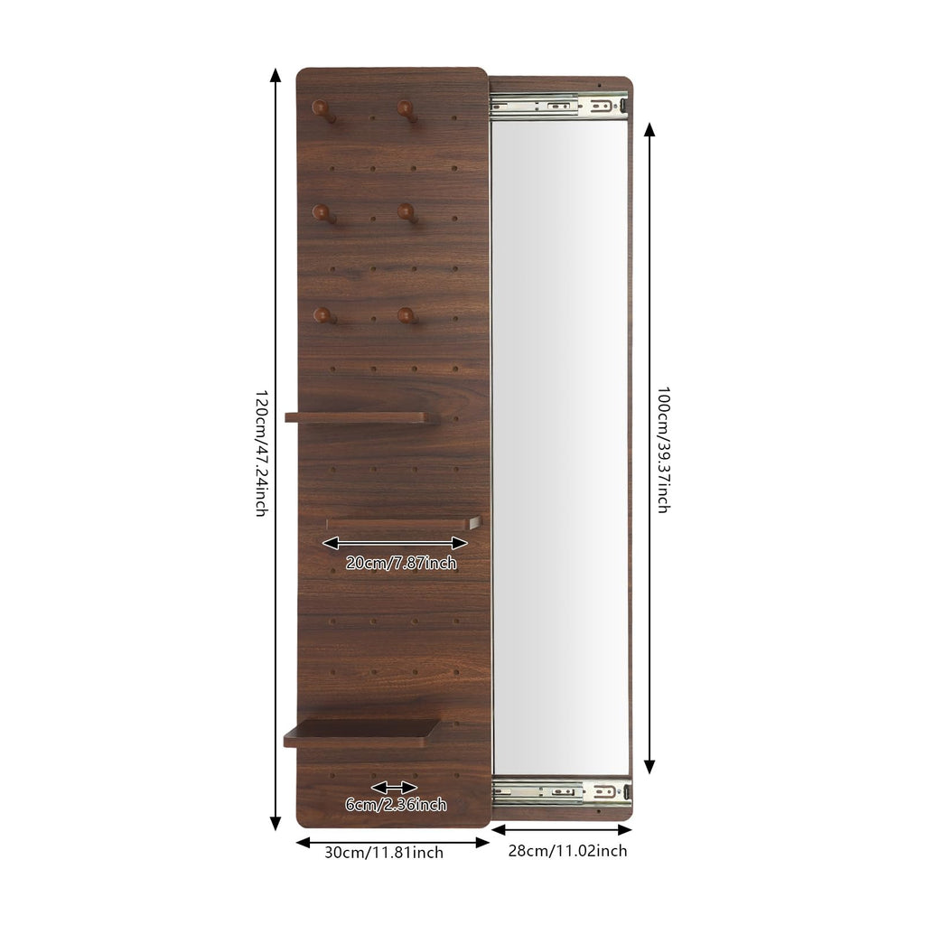 Hide Wall Mounted Mirror,Full Length Mirror with Shelf and Hooks,Space Saving Sliding Pegboard Wood Looking Glass