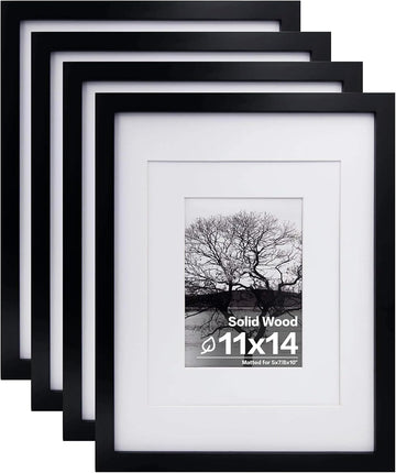 11x14 Picture Frames Set of 4, Made of Solid Wood Covered by Plexiglass 5x7 and 8x10 with Mat or 11x14 without Mat