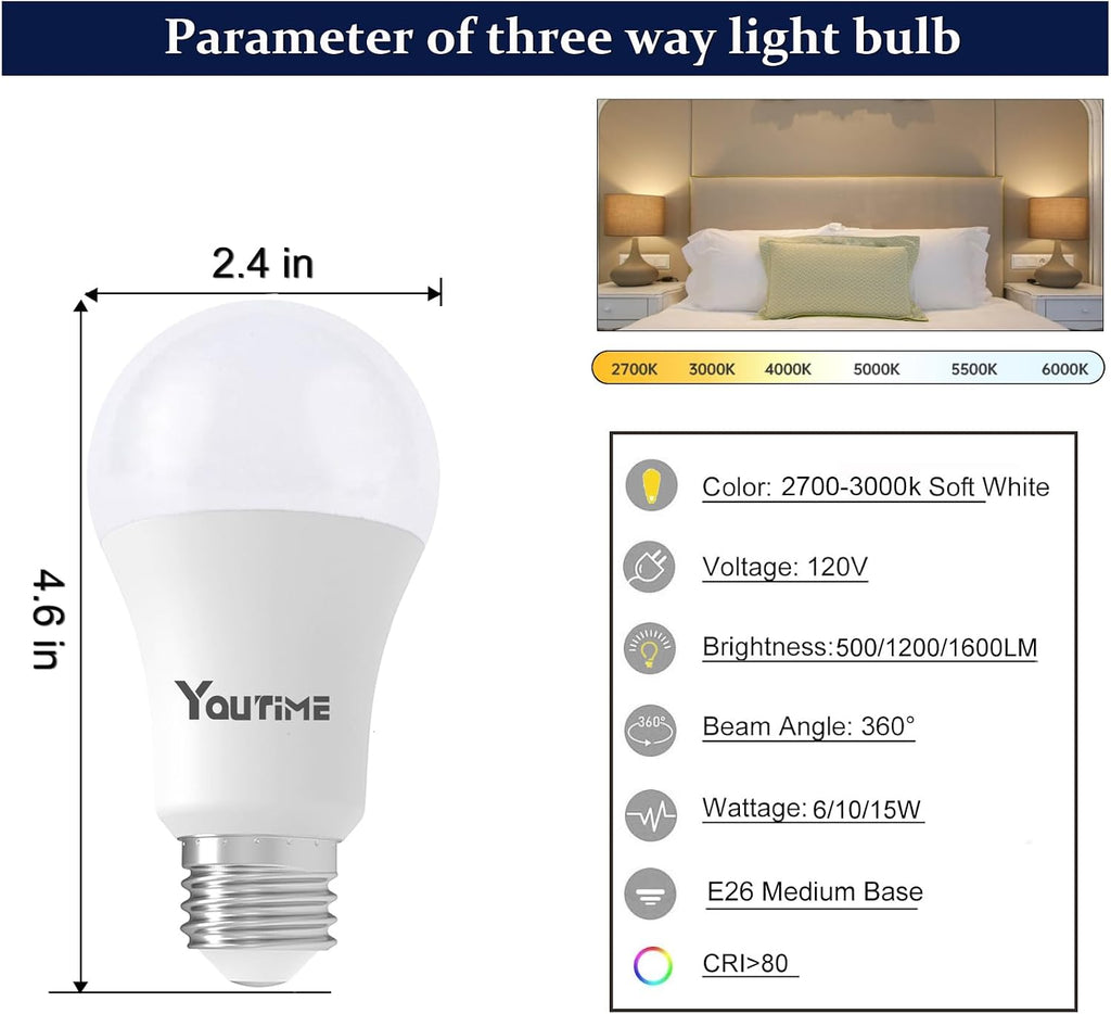 3 Way Light Bulbs A19 30 70 100 Watt Equivalent Soft White,4Pack