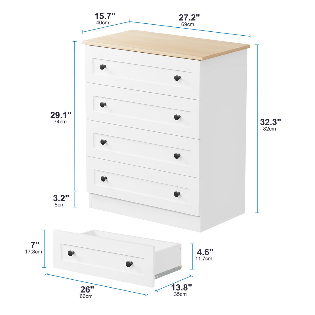 4 Drawer Dresser, White Dresser Modern Storage Chest of Drawers, Farmhouse Storage Cabinet Organizer with 4 Drawers