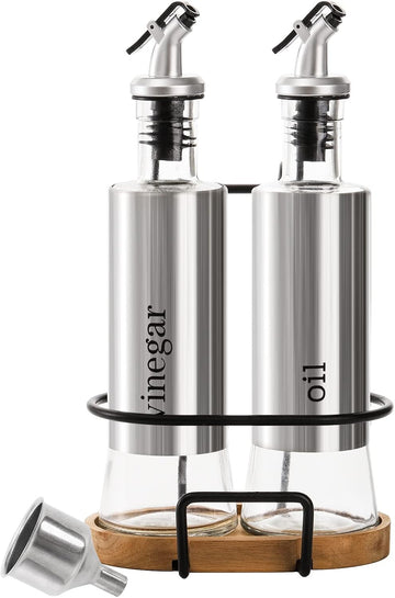 Olive Oil and Vinegar Bottle Set with Rack and Wooden Base, 10OZ Olive Dispenser Glass Cooking Oil Cruet - Set of 2