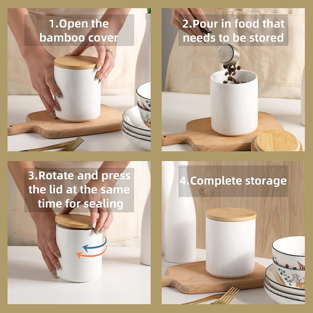 Kitchen Canisters Ceramic Food Storage Jar Set, Stackable Containers with Airtight Seal Wooden Lid for Serving Ground - Set of 4