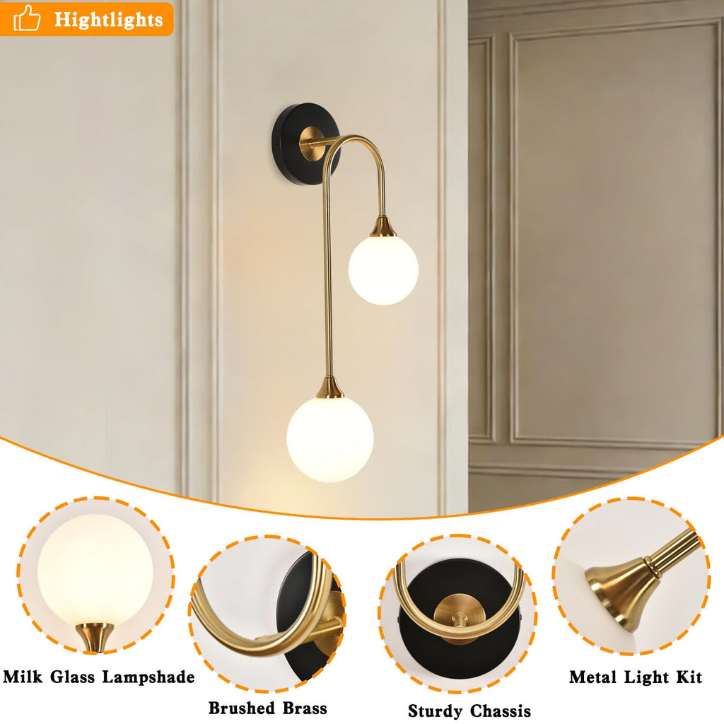 Mid Century Modern Wall Sconce Set of 2 Black and Gold Milk Glass Sconces with Double Ball Hardwired Wall Light