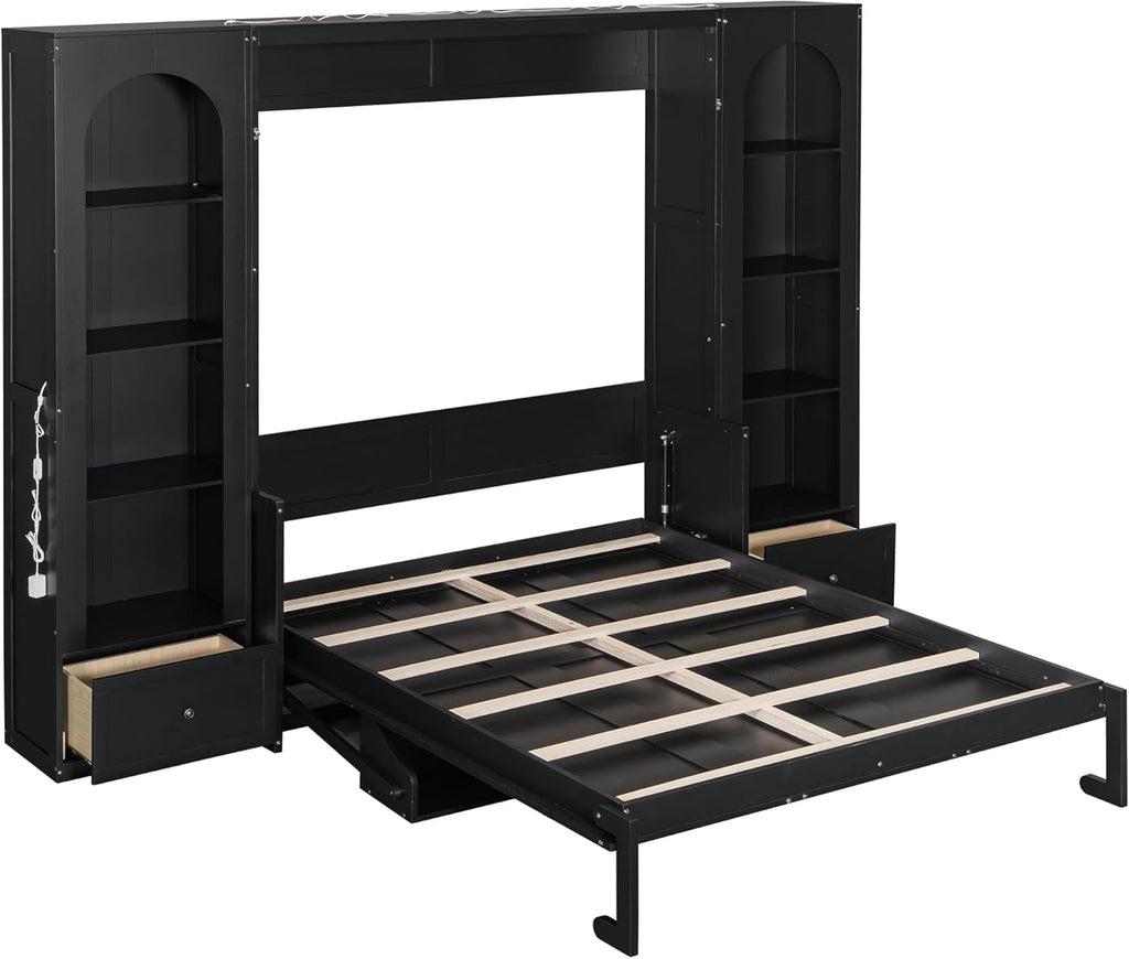 Queen Murphy Bed with Desk and Storage Bookcase & LED Light, Solid Wood Murphy Wall Bed with Storage Shelves and