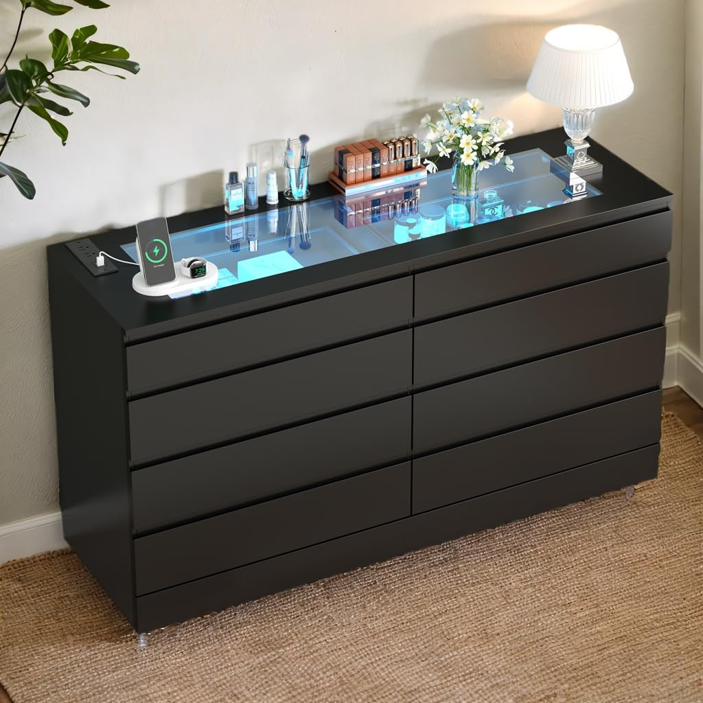 8 Drawer Dresser, White Dresser with Power Outlet & LED Lights