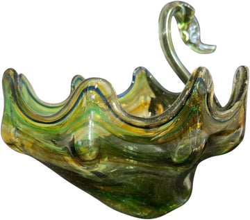 Handblown Art Glass Swan Bowl, Green Yellow Swirl, Decorative Centerpiece, Murano Style