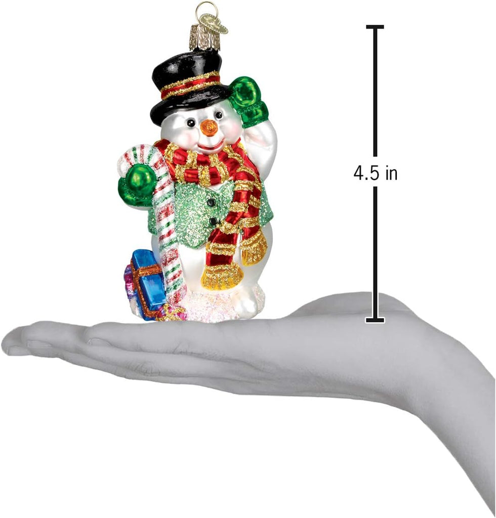 Candy Cane Snowman Glass Blown Ornament, Handcrafted Holiday Decoration, Snowman Collection