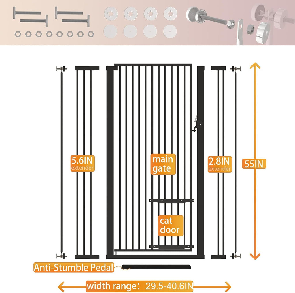 55.11" Extra Tall Cat Gate 29.5-40.6 Wide Pet gate for Doorway Pet Gate with Cat Doors NO Drilling Pressure Mount Kit