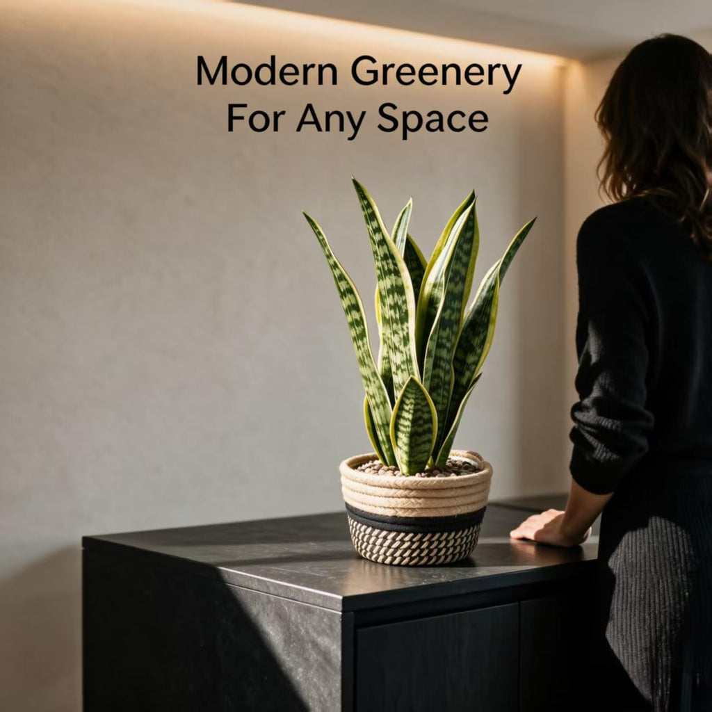 15" Artificial Snake Plant in Black Woven Planter Realistic Faux Sansevieria with Lush Green Leaves Modern Fake