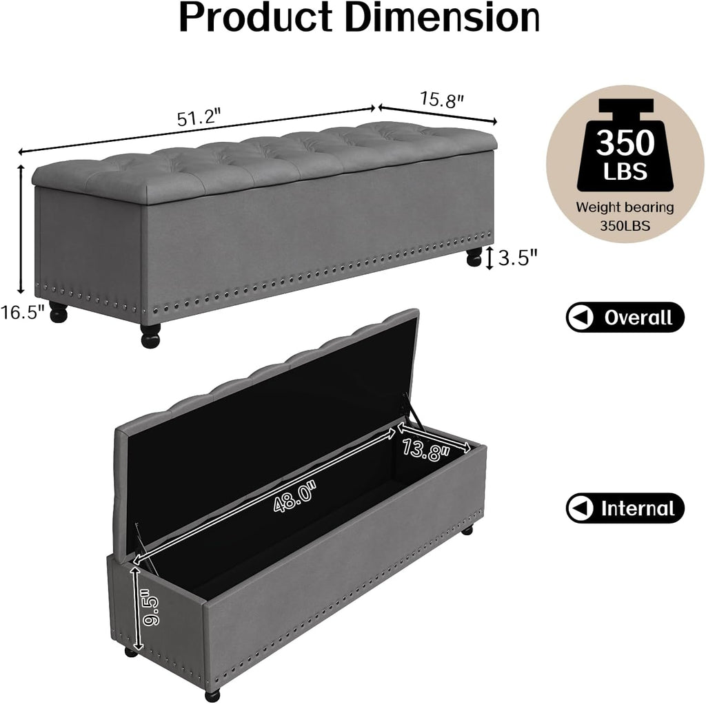 51" Storage Ottoman Bench with Wooden Legs and Soft-Close, Grey | Large End of Bed Bench with Button Tufting, Metal