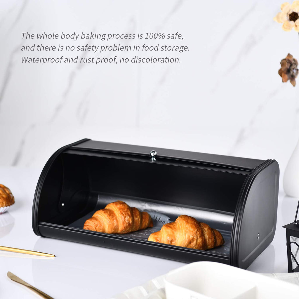 Stainless Steel with Roll Up Lid, For Easy Kitchen Counter Storage, Bread Bin Holder,17.5X11.5X7.5 inch, Matte Black
