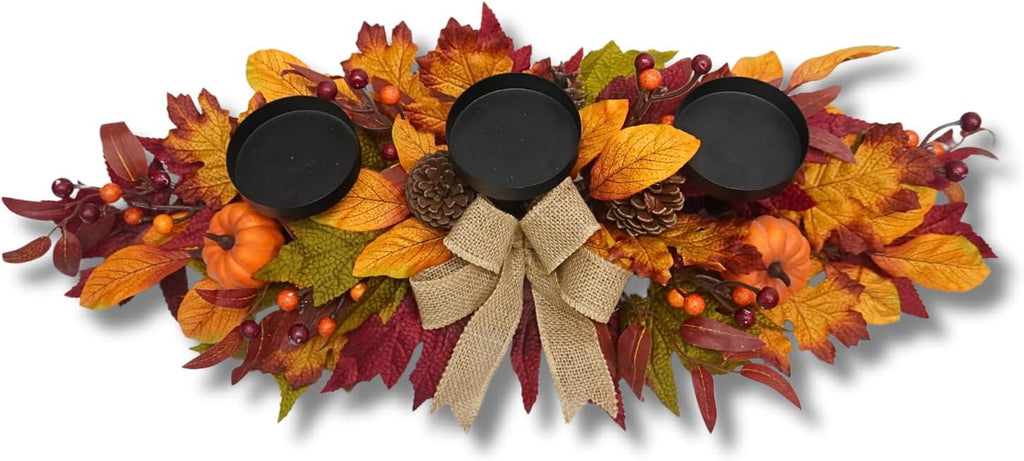 26 Inch Fall Candle Holder Centerpiece with Pumpkins and Burlap Bow | 3 Black Candle Cups with Maple Leaves, Mini