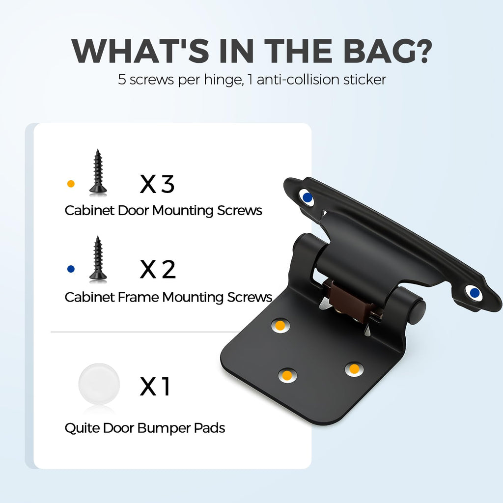 Matte Black Cabinet Hinges Self Closing, 1/2 Inch, 60 Pack (30 Pairs)