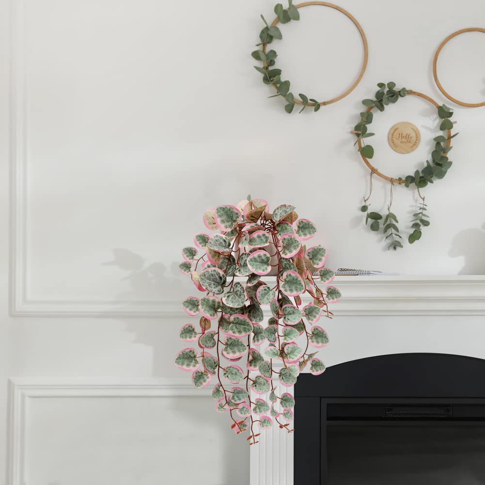 Pink Fake Variegated String of Hearts Plant in White Ceramic Pot