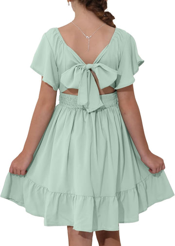 Girls Summer Tie Back Dresses Kids Off Shoulder Dress