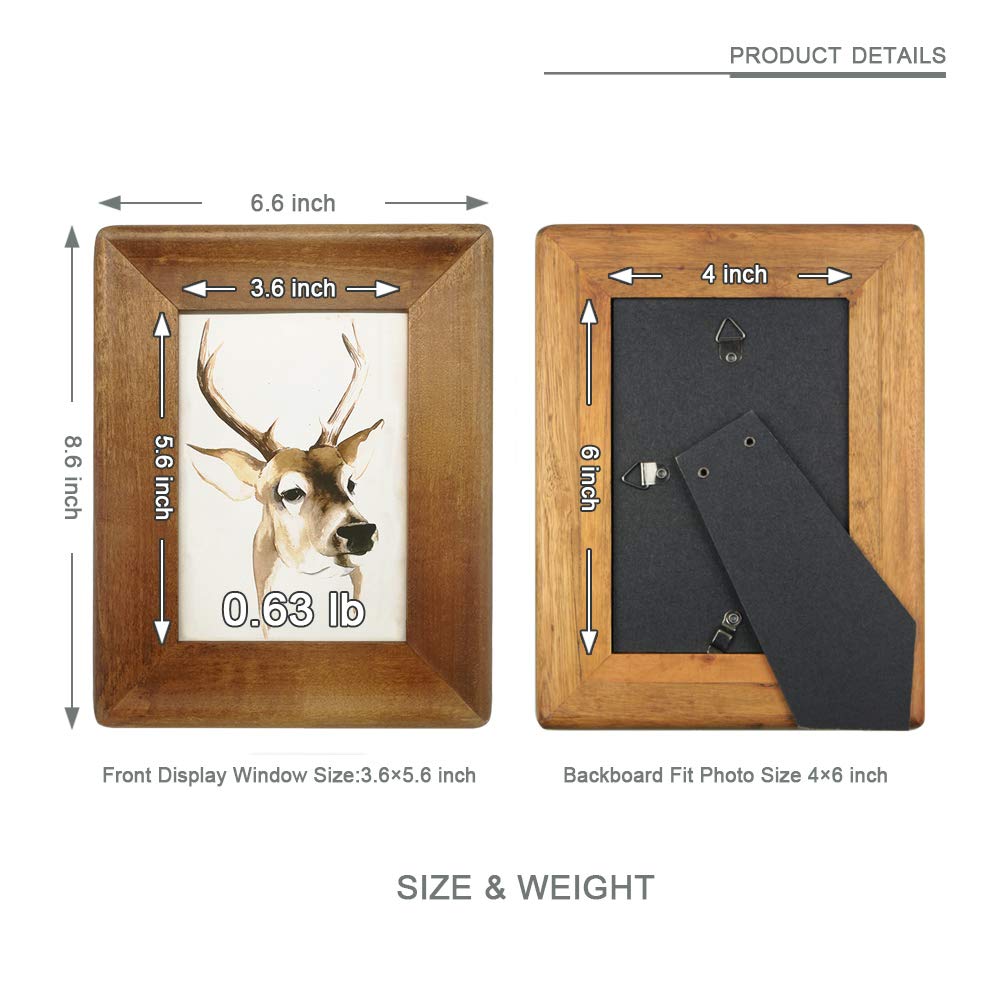 4x6 Wood Picture Frame with Glass Front, Rustic Handmade Burlywood Photo Frames for Table Top Display and Wall mounting