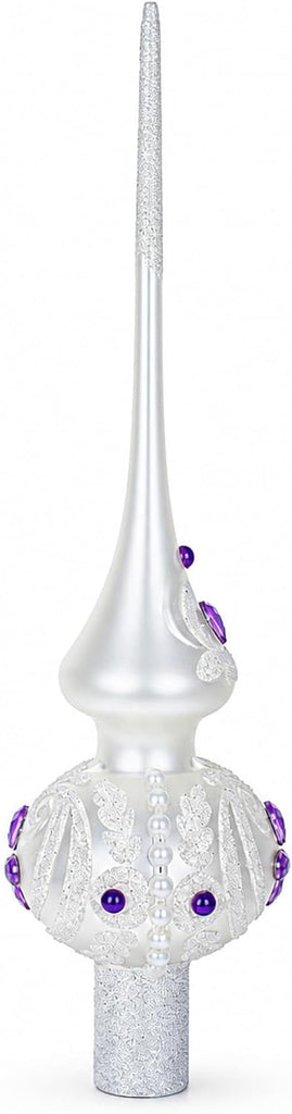 Purple Jewel Stars Pearls White Mouth Blown Glass Tree Topper 11 Inches