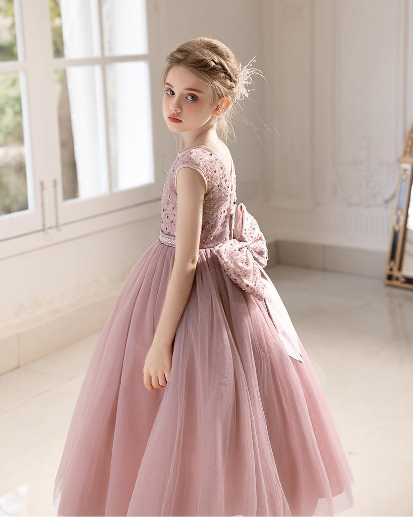 Sequin Tulle Dress Formal Pageant Sparkly Birthday Party Wedding Guest Ball Gown Dresses with Bow