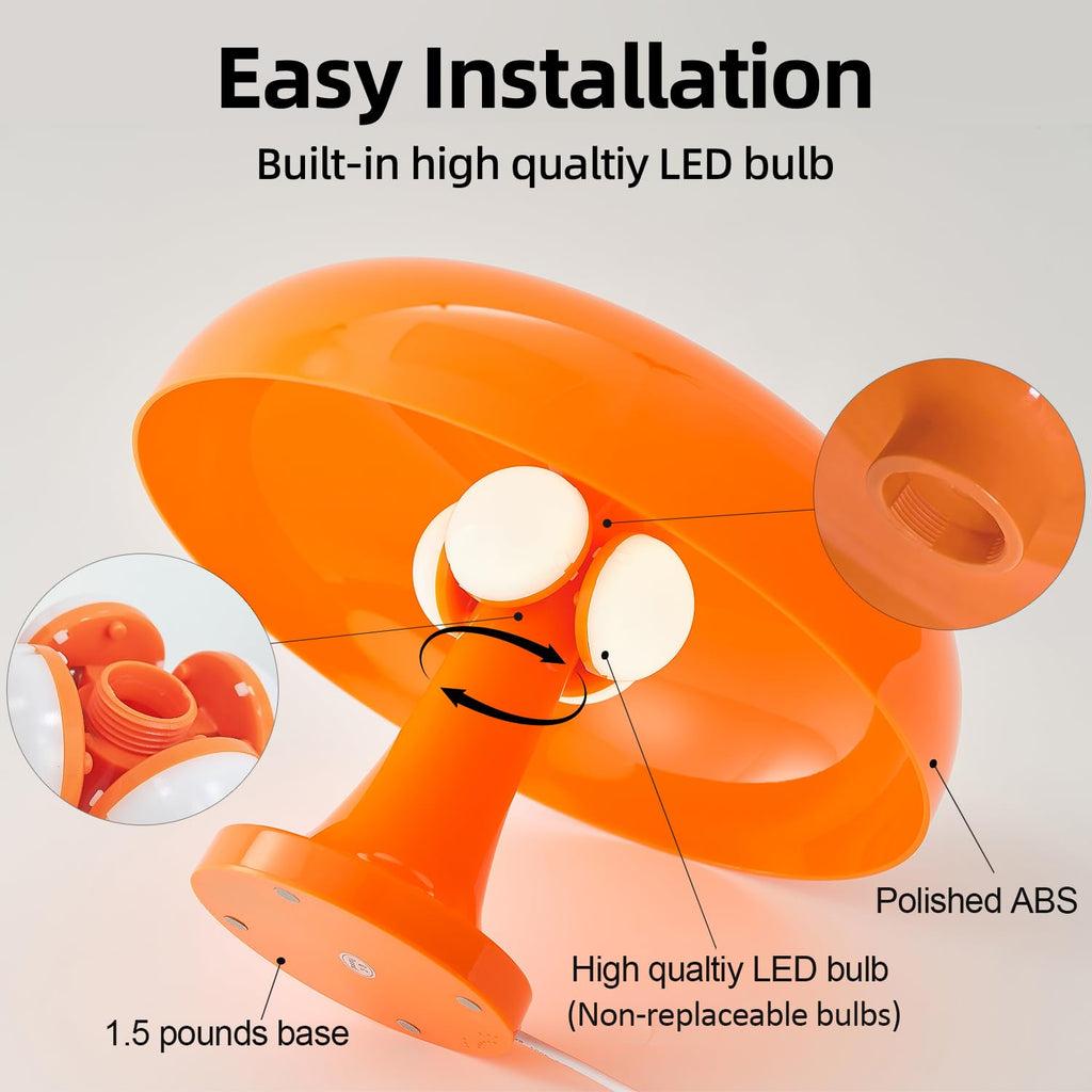 Cordless Mushroom Table Lamp, Rechargeable Orange Bedside Lamp with Touch Control and 3 Color Stepless Dimming