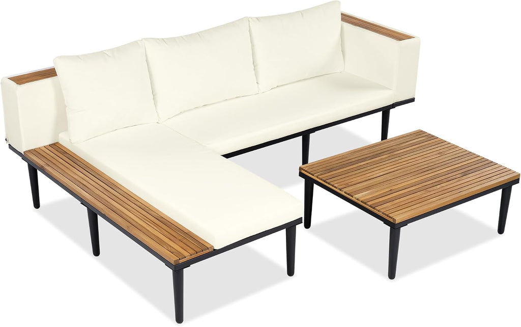 Luxury 4-Piece L-Shaped Outdoor Patio Sofa Set with Acacia Wood Side & Coffee Table, Removable Cushions & Pillows