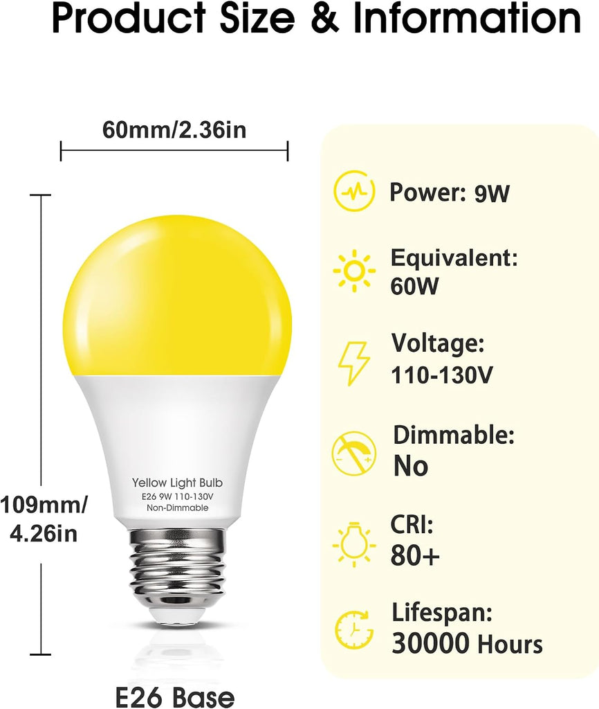 Yellow LED Bug Light Bulbs Outside, Amber Warm A19 LED 60W Equivalent Bulb