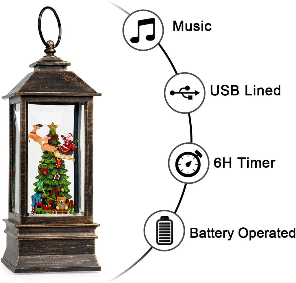 Christmas Snow Globe Lantern with Music & Timer, Vintage Lighted Musical Snow Globe with Swirling Water Glitter