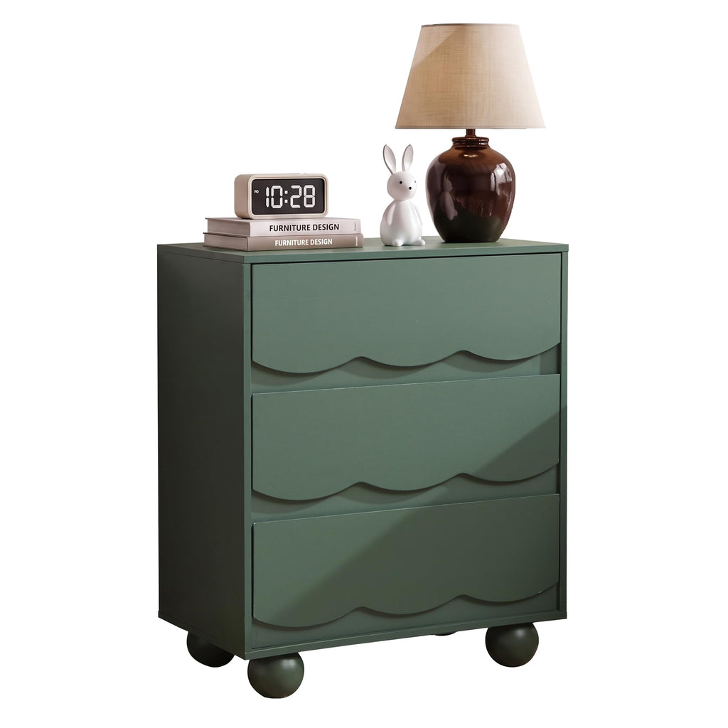 3 Drawer Dresser, 23.6" Green Mid Century Modern Wave Front Chest of Drawers with Anti-Tip Device, Handleless Wooden