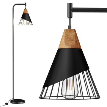 67" Industrial Floor Lamp with Wood & Black Metal Shade, Modern Standing Lamp, Rustic Farmhouse Tall Lamp Bedroom