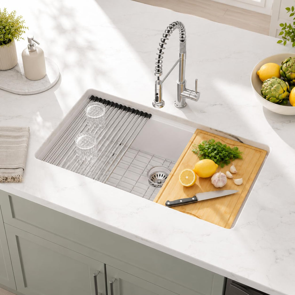 33 In. White Granite Composite Undermount Kitchen Sink Single Bowl Workstation, Quartz 33 Inch Kitchen Sink, 33" x