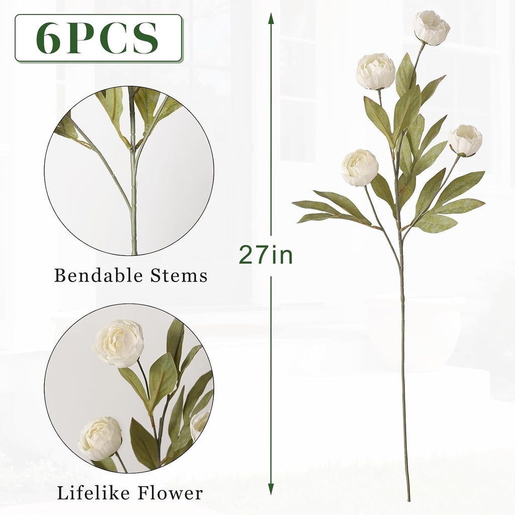 27" Artificial Peony Silk Flower Stems for Vase Decor(Cream) - Set of 6
