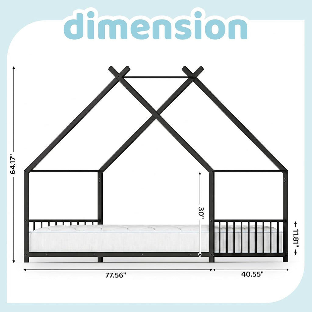 Metal Toddler Floor Bed with Slats & Fence, Black