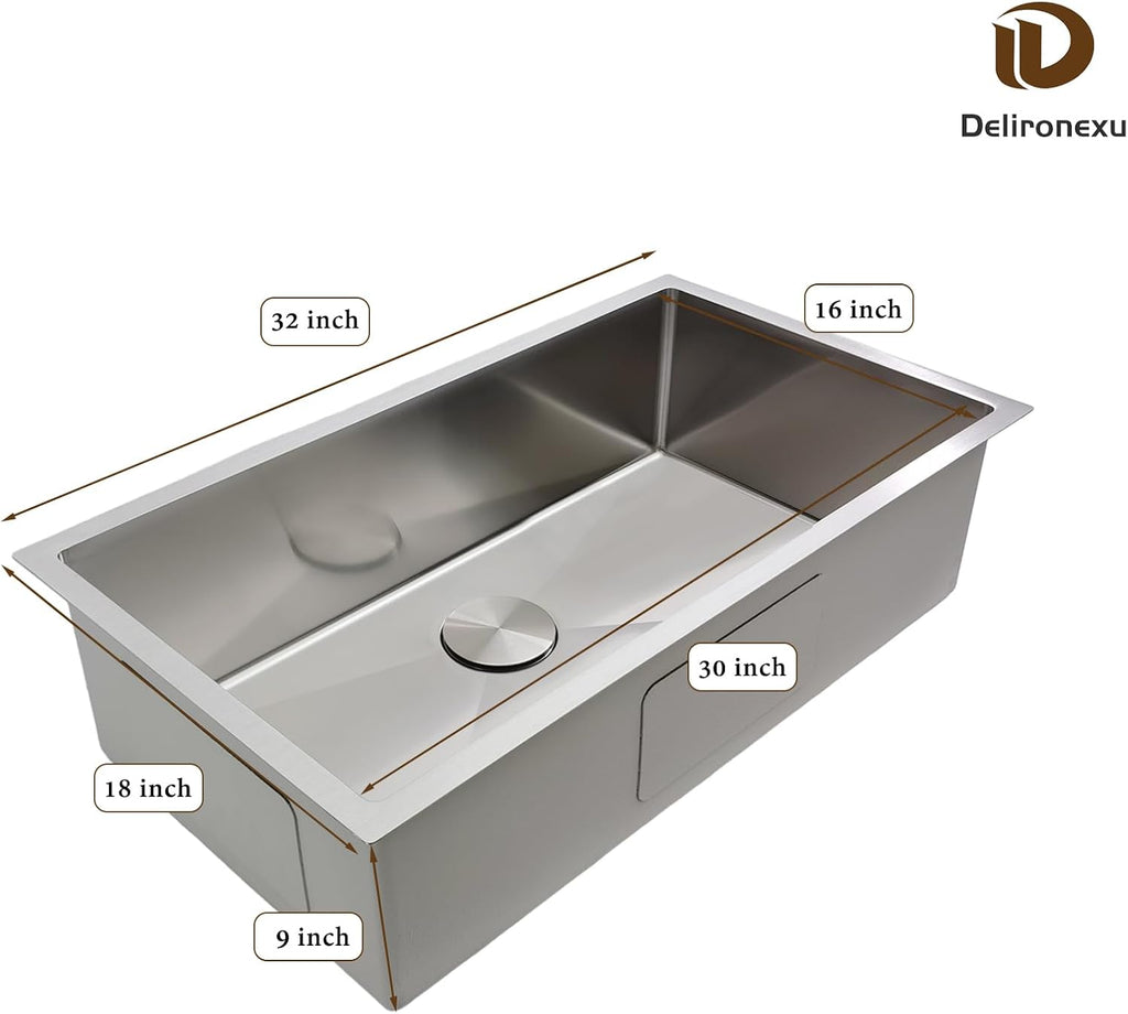 32 Inch Undermount Kitchen Sink - 18 Gauge Stainless Steel Kitchen Sink Undermount, 32''x18'' Single Bowl kitchen
