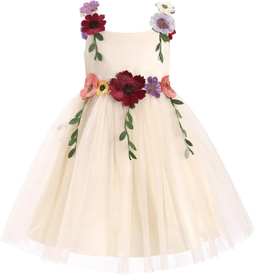 Flower Girl Tulle Dress Kid Floral Embroidery Square Neck Sleeveless A-line Princess Tutu Dresses for Wedding Birthday