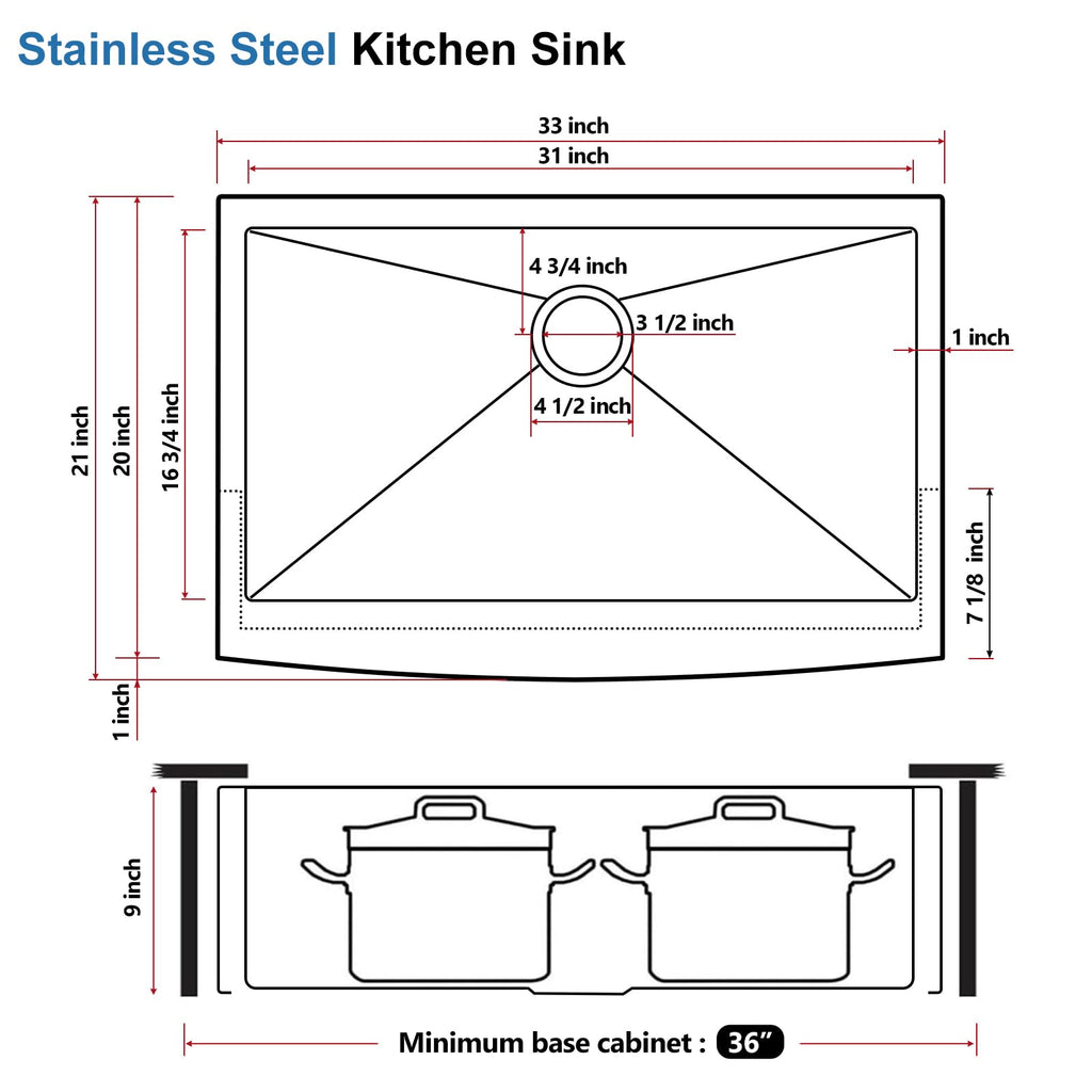 33 Inch Stainless Steel Farmhouse Sink, 33x21 Apron Front Kitchen Sink, 9 Inch Deep 16 gauge Commercial Single Bowl