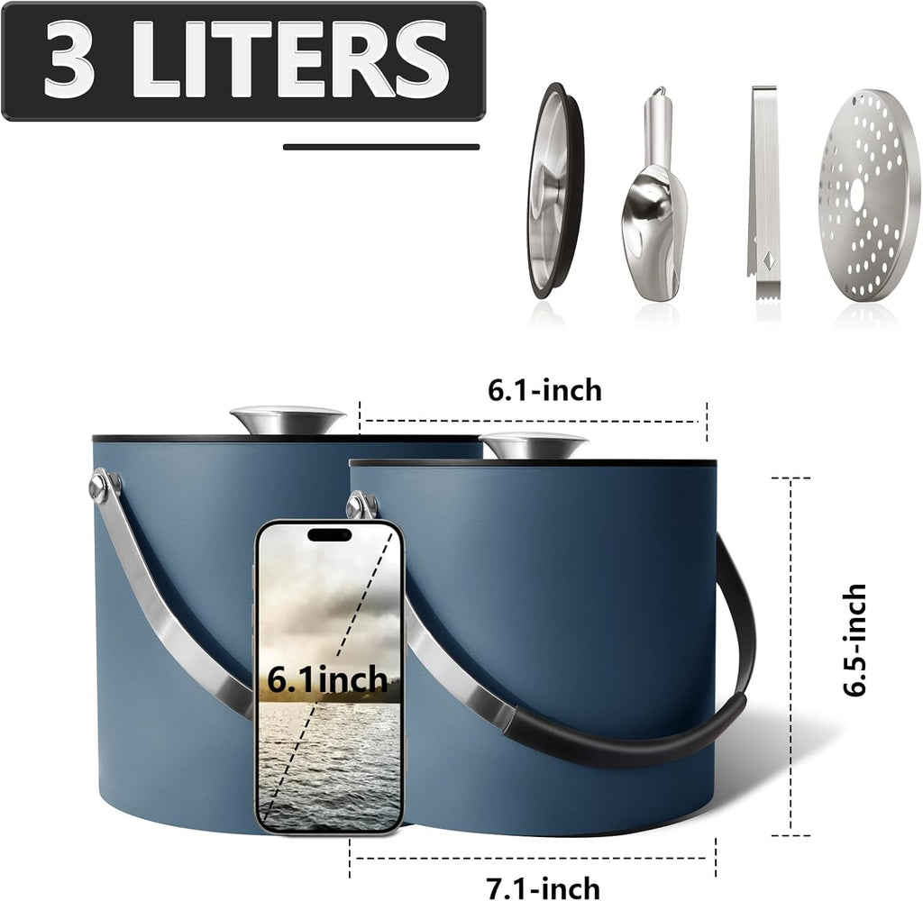 3L Ice Bucket with Silicone Lid, Scoop, Tongs & Strainer, Stainless Steel Double Wall Insulated Ice Buckets