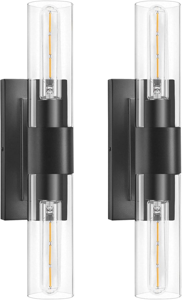 Black Wall Sconces Set of Two,Modern Bathroom Light Fixtures,2-Light Sconces Wall Lighting with Thickened Tempered