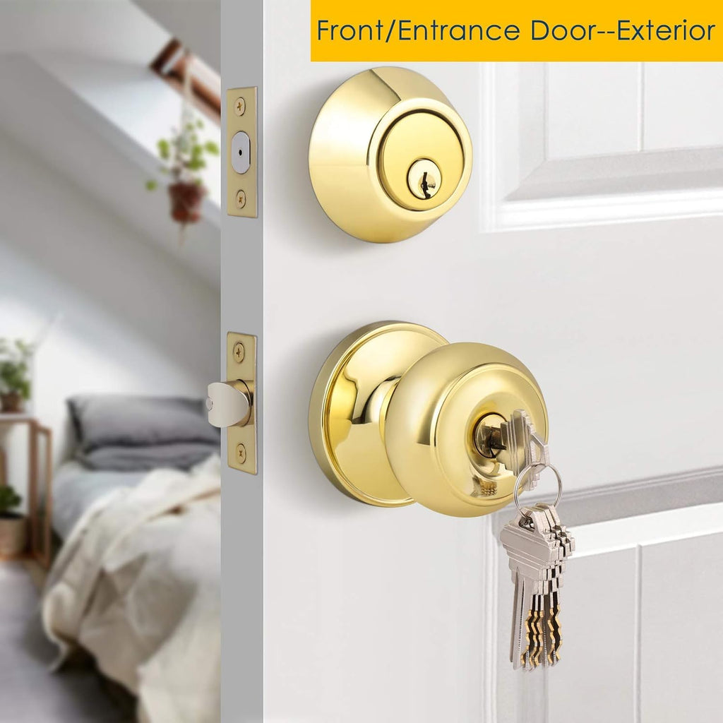 2 Pack Polished Brass Round Entry Door Knobs and Deadbolt Combination Set, Keyed Alike Double Cylinder Deadbolt Door