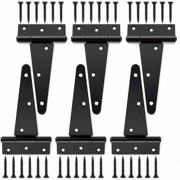 6PCS 6 Inch T-Strap Heavy Duty Gate Hinges Shed Door Hinges Barn Door Hinges Black Tee Hinge for Wooden Fences, Yard